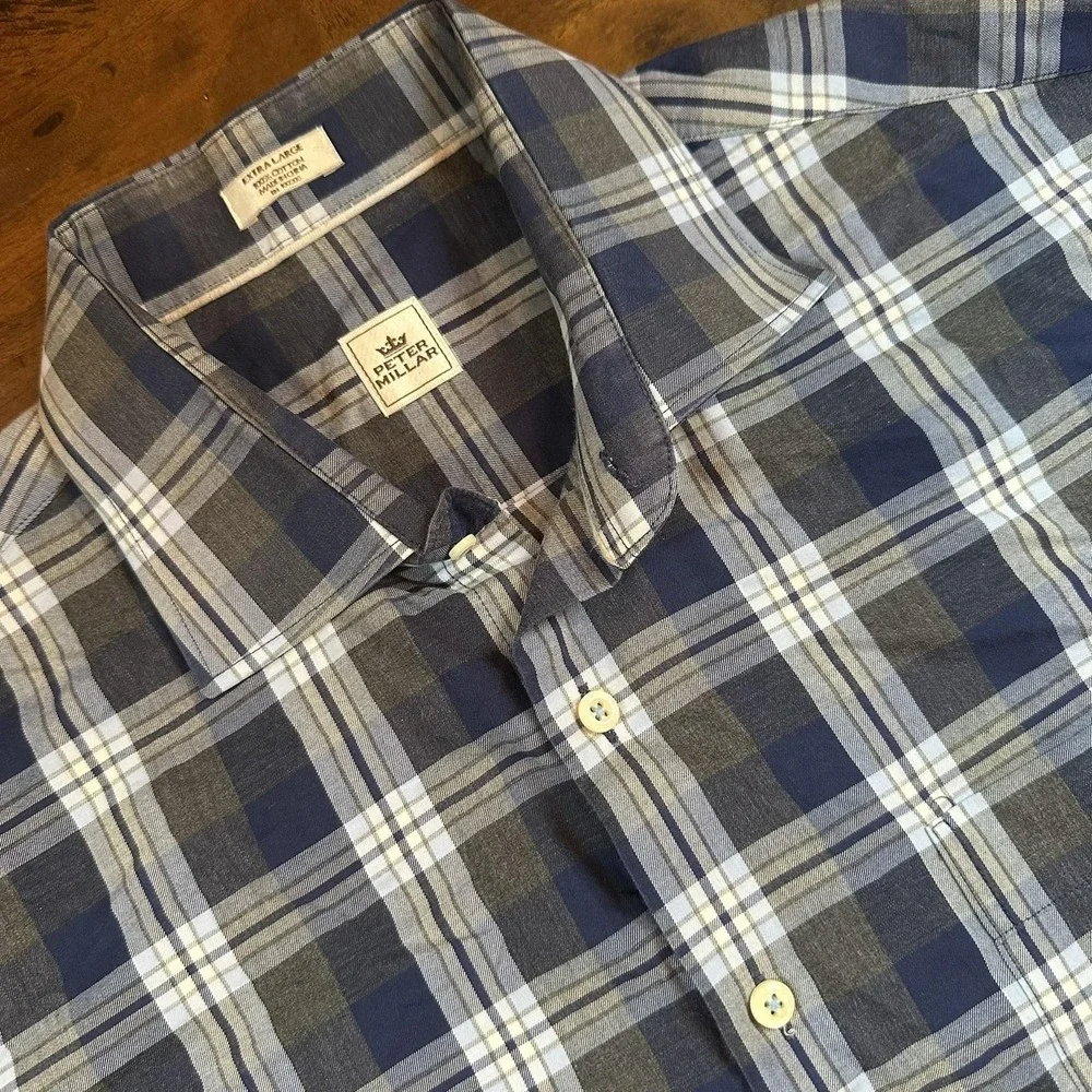 Peter Millar Shirt Mens XL Blue Gray‎ Plaid Button Down Long Sleeve Cotton